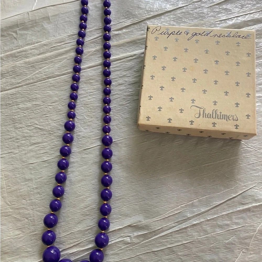 Thalhimers Vintage Beaded Purple and Gold w Gold Clasp Necklace w Box
